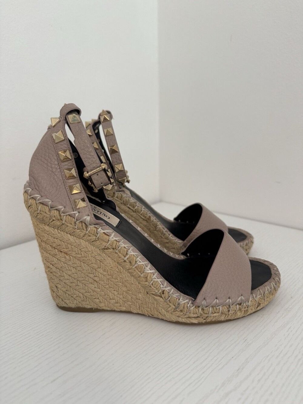 Valentino Garavani Rockstud Double Espadrille Wedge Sandals EU 36 US 6 Beige Tan
